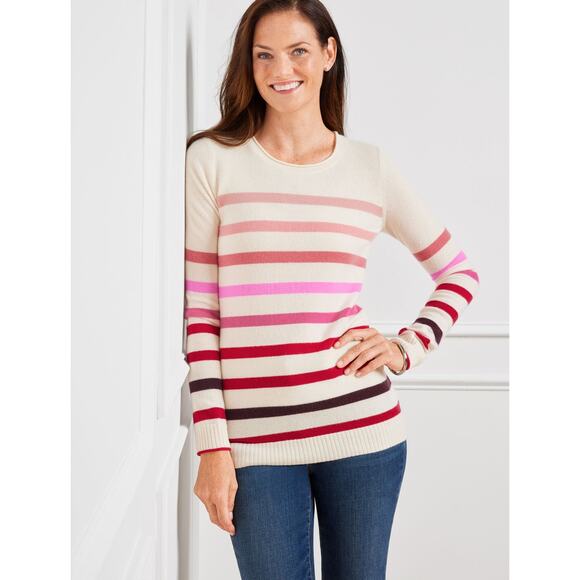 Talbots Pure 100% Cashmere Sweater Cream Stripe Crewneck Womens Small Petite SP - Picture 7 of 7